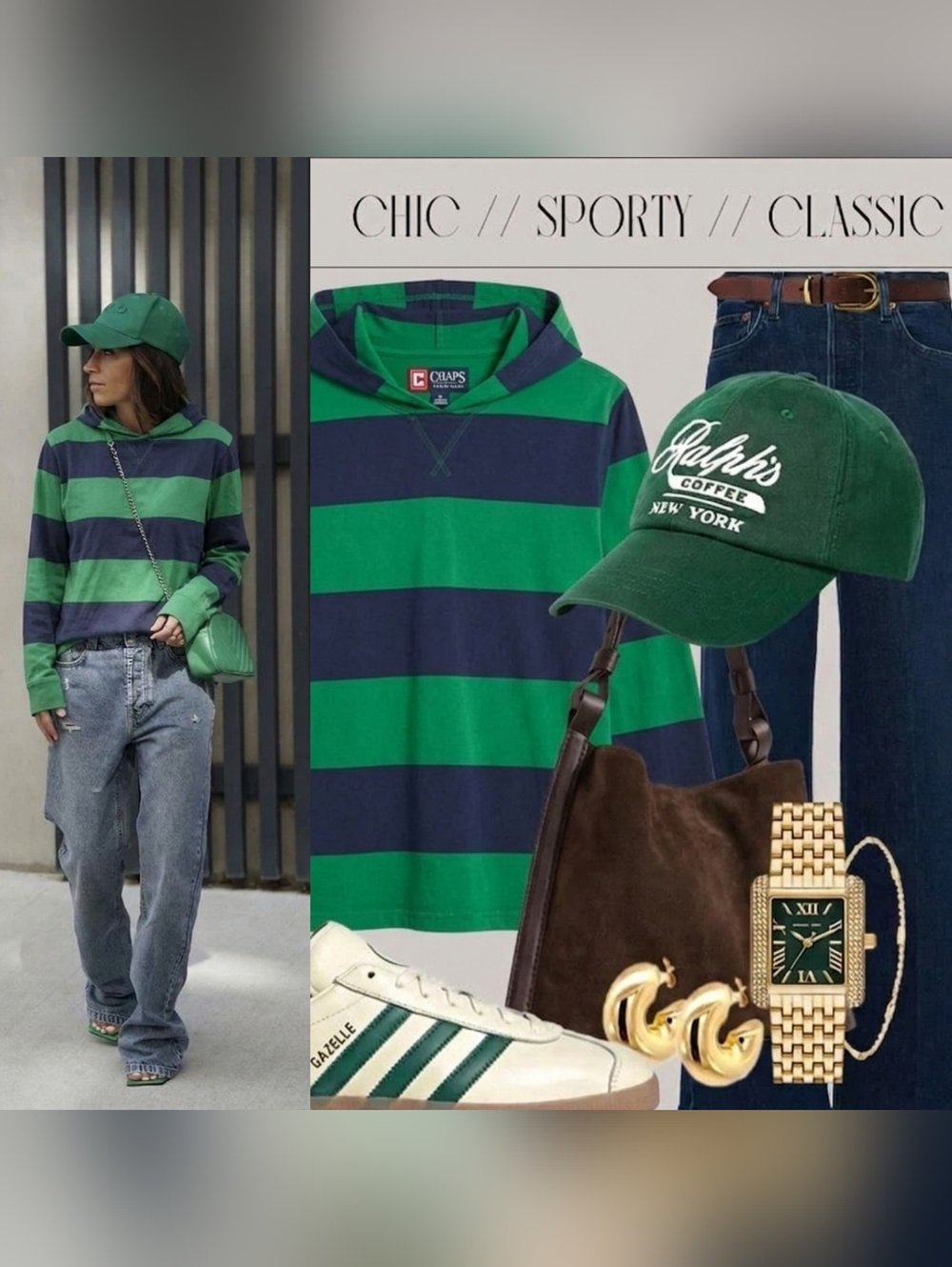 Chaps Striped Rugby Hoodie Green Navy Blue XL Old Money Preppy